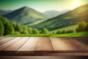 Empty wooden table top blurry green mountain view background made with photo