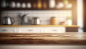 Empty wooden top table blurry minimalist kitchen background Made with photo