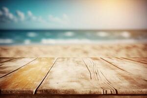 Empty wooden table top blurry beach view background made with photo