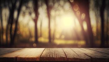 Empty wooden top table blurry trees forest background Made with photo