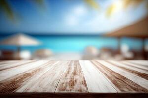 Empty wooden top table blurry beach resort hotel background Made with photo