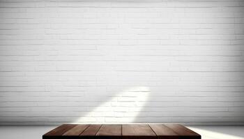 empty wooden table top with a blurry background with white bricks wall background photo