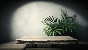 empty wooden table top with a blurry background with tropical plants background photo