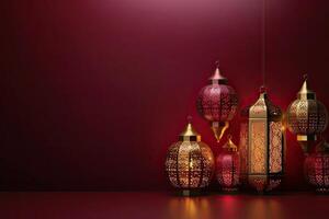 islámico linterna dorado y granate lujo ornamento Ramadán kareem celebracion antecedentes ai generado foto