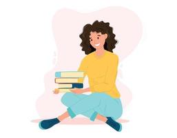 joven alegre mujer sentado en el piso y participación un apilar de libros. vector aislado ilustración de un hermosa Rizado morena muchacha.