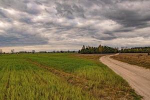 spring landscape with a dirt road, fields, trees and sky with clouds in Poland photo