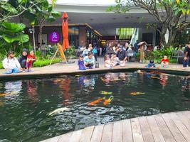 Bekasi, Indonesia - March,12 2023 Children and their parents are looking at colorful koi fish in the pool of summarecon mall Bekasi photo