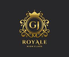 Golden Letter GJ template logo Luxury gold letter with crown. Monogram alphabet . Beautiful royal initials letter. vector