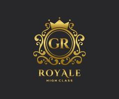 Golden Letter GR template logo Luxury gold letter with crown. Monogram alphabet . Beautiful royal initials letter. vector