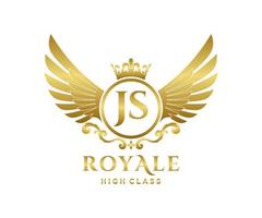 Golden Letter JS template logo Luxury gold letter with crown. Monogram alphabet . Beautiful royal initials letter. vector
