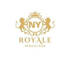 dorado letra Nueva York modelo logo lujo oro letra con corona. monograma alfabeto . hermosa real iniciales carta. vector