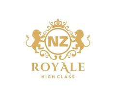 Golden Letter NZ template logo Luxury gold letter with crown. Monogram alphabet . Beautiful royal initials letter. vector