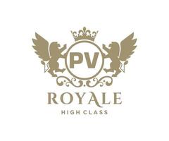 Golden Letter PV template logo Luxury gold letter with crown. Monogram alphabet . Beautiful royal initials letter. vector