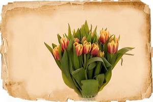 bouquet of spring red tulips on the background of an old beige paper card photo