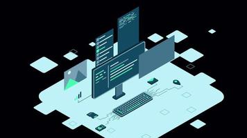 Isometric desktop computer. Coding programming technology. Programming concept. Technology animation. Transparent background with alpha channel video