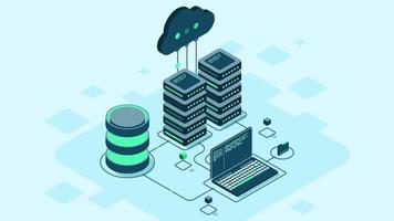 Cloud technology computing concept. Modern cloud technology. Data center isometric concept. Isometric cloud technology with data center. Web hosting concept video