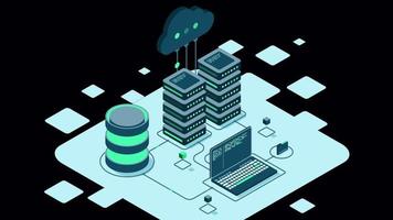 Cloud technology computing concept. Modern cloud technology. Data center isometric concept. Isometric cloud technology with data center. Web hosting concept. Transparent background with alpha channel video