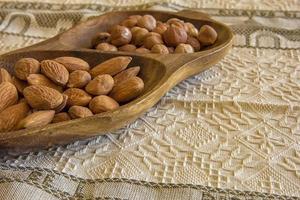 Almonds and hazelnuts in the wooden bowl on the table, close-up photo