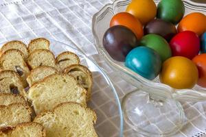 Easter traditional bread and colorful Easter eggs in a plate on the table photo