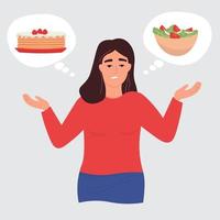 A woman makes a choice between a healthy vegetable meal and a cake. Girl on a diet, eating disorder. Vector graphics.