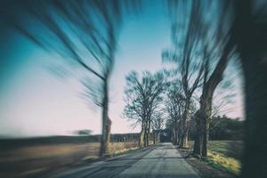 old narrow asphalt road with trees on the side of the road during a car ride in early spring photo