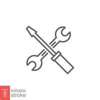 Maintenance icon. Wrench and screwdriver crossed construction tools, fix, repair concept. Simple outline style. Line symbol. Vector illustration isolated on white background. Editable stroke EPS 10.