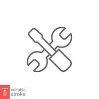 Maintenance icon. Wrench and screwdriver crossed construction tools, fix, repair concept. Simple outline style. Line symbol. Vector illustration isolated on white background. Editable stroke EPS 10.