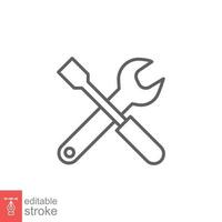 Maintenance icon. Wrench and screwdriver crossed construction tools, fix, repair concept. Simple outline style. Line symbol. Vector illustration isolated on white background. Editable stroke EPS 10.