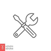 Maintenance icon. Wrench and screwdriver crossed construction tools, fix, repair concept. Simple outline style. Line symbol. Vector illustration isolated on white background. Editable stroke EPS 10.