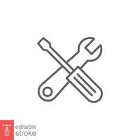 Maintenance icon. Wrench and screwdriver crossed construction tools, fix, repair concept. Simple outline style. Line symbol. Vector illustration isolated on white background. Editable stroke EPS 10.