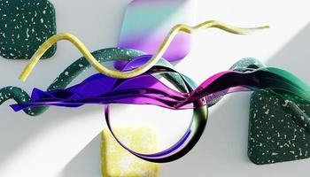 Flying abstract figures. Cloth fabric gradient waves abstract background. Iridescent glass wavy surface. Liquid surface, ripples, reflections. 3d render illustration. photo