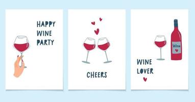 National Wine Day. Hand holding glass with red wine, bottle and hearts. Set of minimalistic style greeting cards. Vector illustrations.