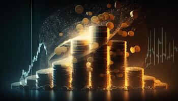 Double exposure of graph and rows of coins for finance and business concept. photo