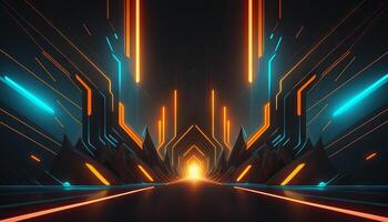 Rendering abstract futuristic background with glowing neon blue and orange lights. photo