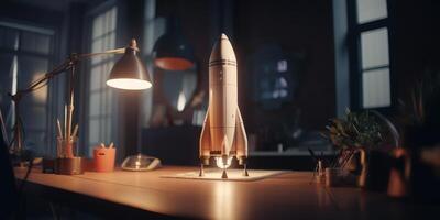 Business start up concept with rocket launching in workplace. photo