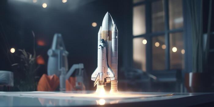 Business start up concept with rocket launching in workplace. photo
