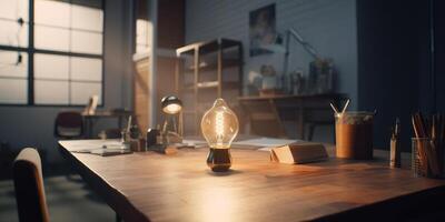 Business ideas concept with glowing light bulb in workplace. photo