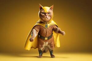 supermascota gato como superhéroe con capa en amarillo antecedentes. creado generativo ai foto