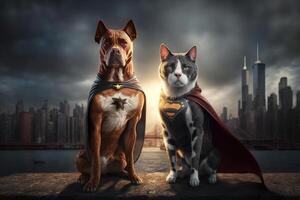 Superpet Cat and Dog as superheroes with cape on cityscape background. Created photo