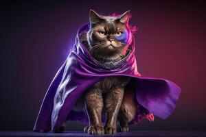 supermascota gato como superhéroe con capa en púrpura antecedentes. creado generativo ai foto