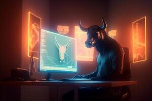 Bull trading with computer background, Bullish in Stock market and Crypto currency. Created photo