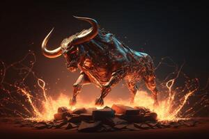 Fire sculpture of Bull, Bullish divergence in Stock market and Crypto currency. Created photo