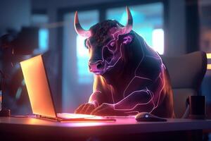 Bull trading with computer background, Bullish in Stock market and Crypto currency. Created photo