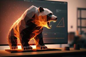 Fire sculpture of bear in front of computer screen, Bearish divergence in Stock market and Crypto currency. Created photo