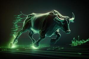 toro alcista divergencia en valores mercado y cripto moneda con verde grafico antecedentes. creado generativo ai foto