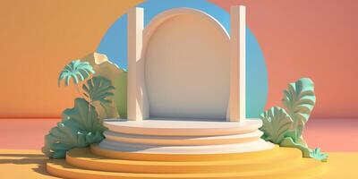 Empty podium or pedestal stage for product display, Summer background. photo