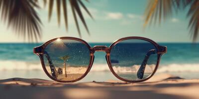 Sunglasses on a tropical beach and sea, Summer festive background. photo