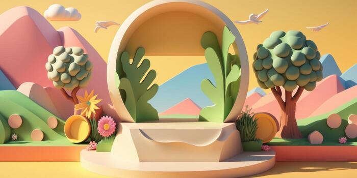 Empty podium or pedestal stage for product display, Summer background. photo