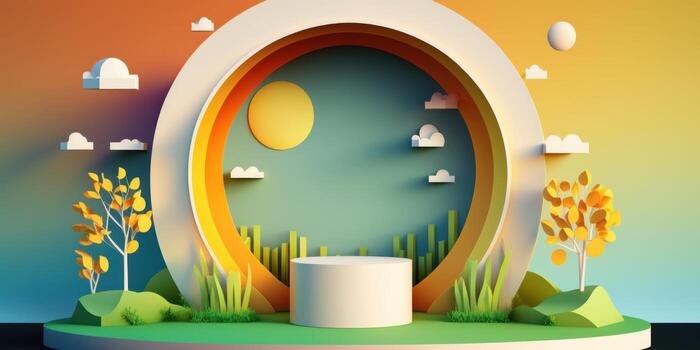 Empty podium or pedestal stage for product display, Summer background. photo