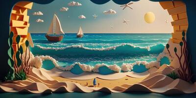 Colorful Summer time background with tropical sea, Paper craft style. photo